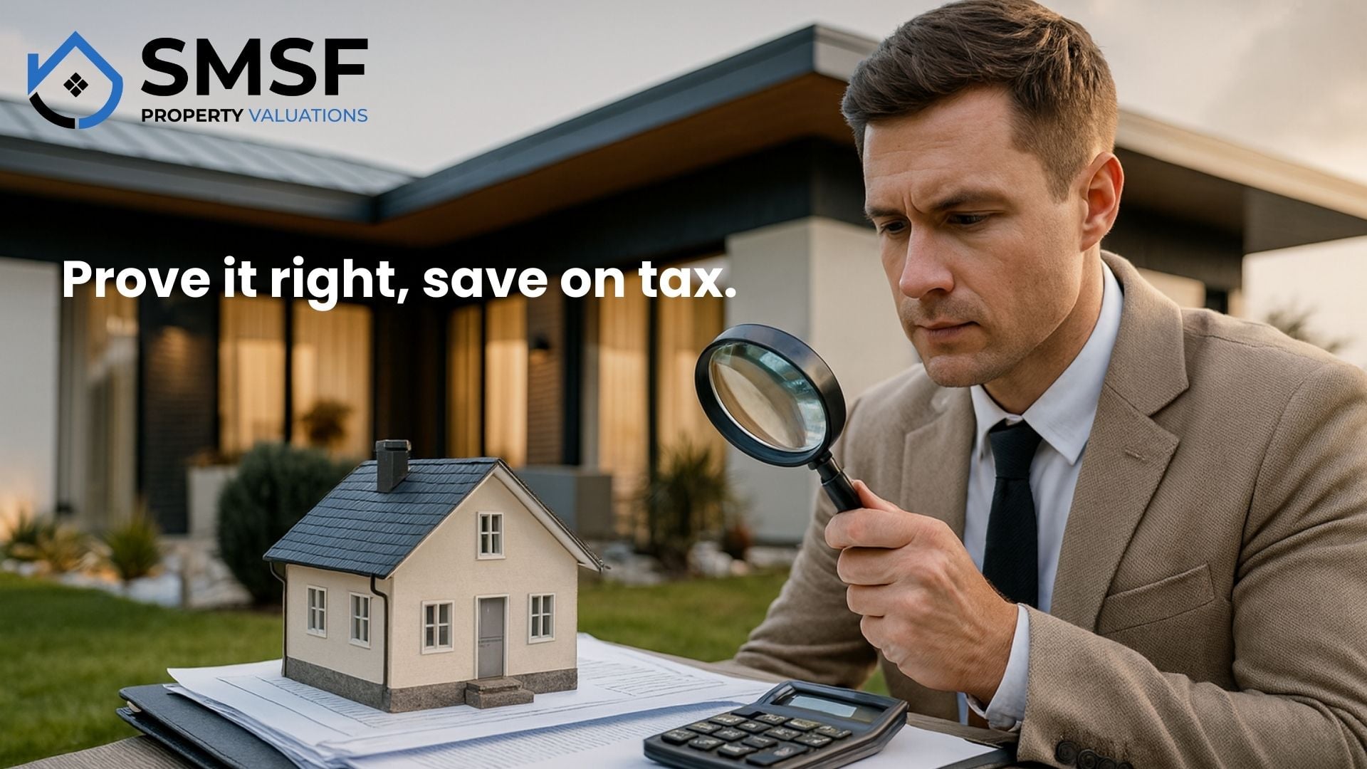 Valuer examining a model house with a magnifying glass, SMSF Property Valuations banner reading Prove it right, save on tax