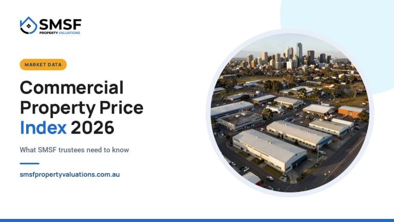 Commercial Property Price Index 2026. Aerial view of a commercial and industrial precinct near a city. SMSF Property Valuations