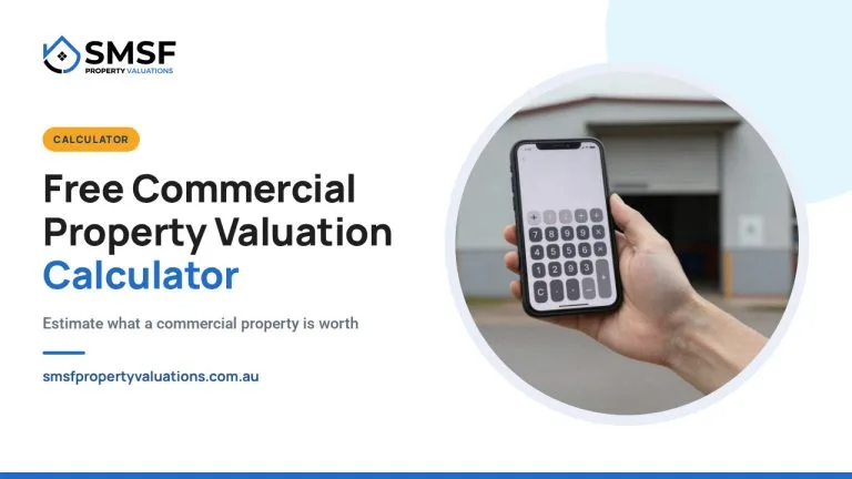 Free Commercial Property Valuation Calculator. A phone calculator held up in front of a warehouse. SMSF Property Valuations