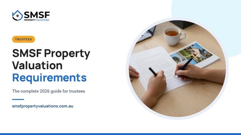 SMSF Property Valuation Requirements. Trustees signing a document beside a valuation report. SMSF Property Valuations